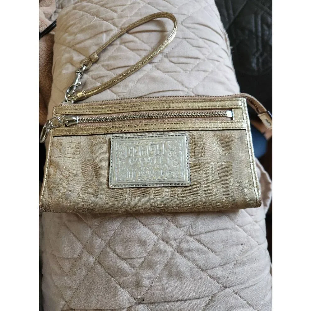 Coach Poppy Wristlet — Gold Silver and Khaki with lavender interior